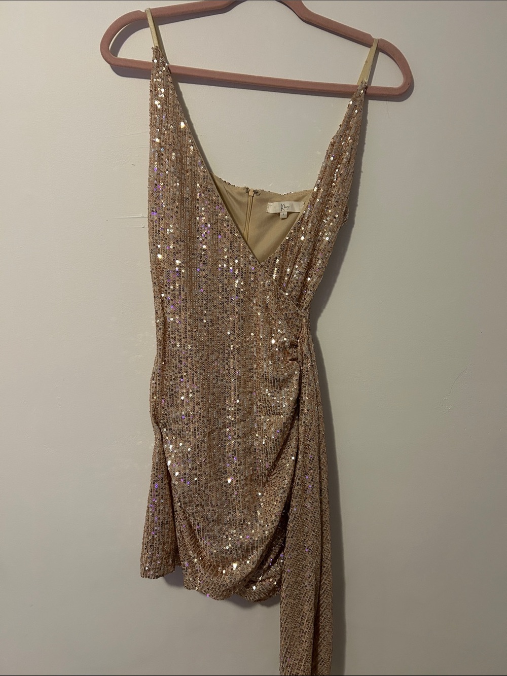 Sequin Wrap Mini Dress in Gold
Worn once